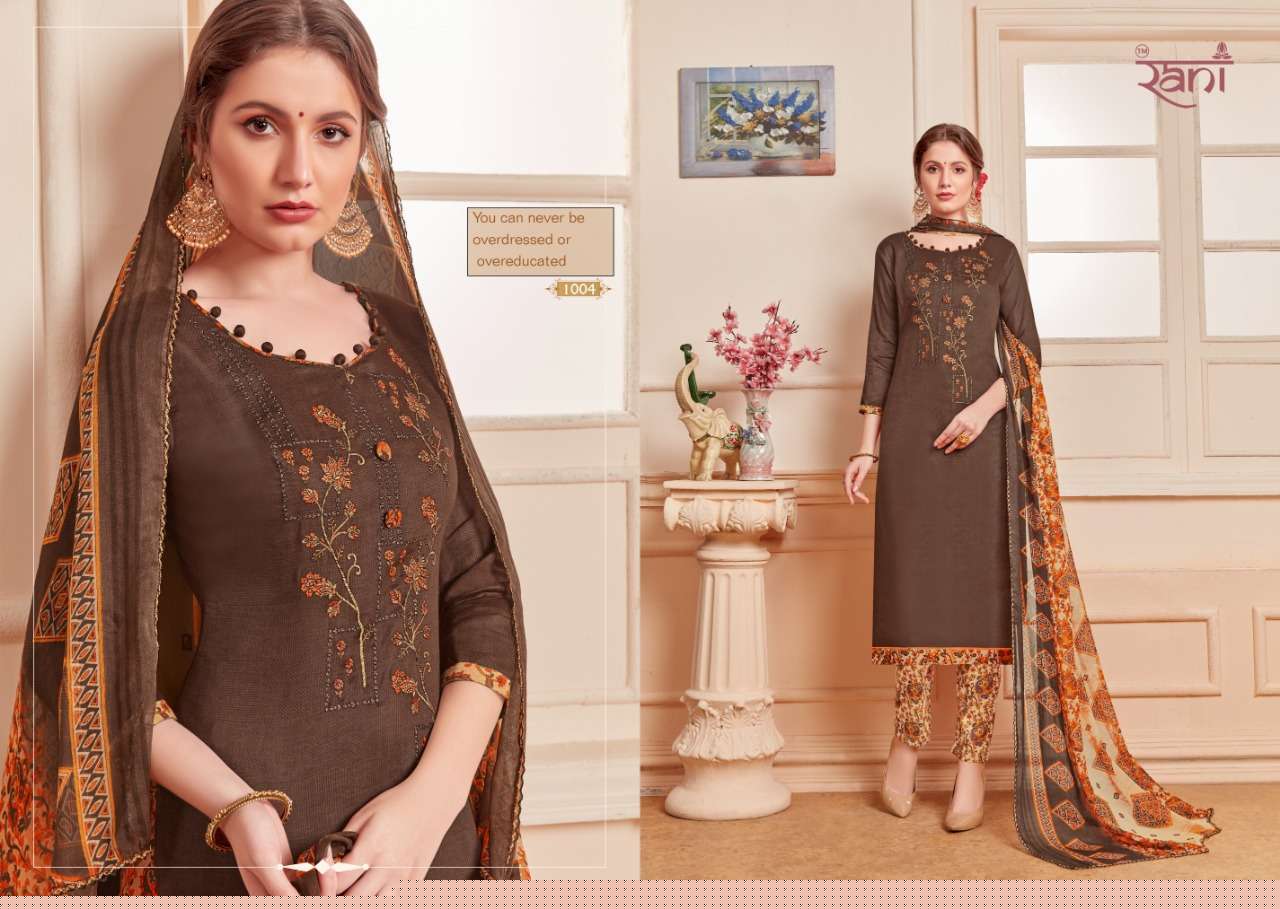 KAIRA BY RANI FASHION 1001 TO 1010 SERIES BEAUTIFUL SUITS STYLISH FANCY COLORFUL PARTY WEAR & OCCASIONAL WEAR COTTON SATIN PRINTED WITH EMBROIDERY DRESSES AT WHOLESALE PRICE